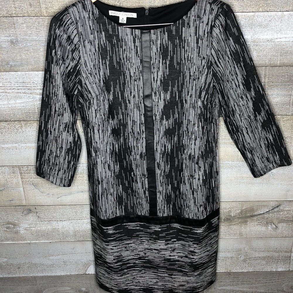 Maggy London black faux leather elbow patch midi career office dress
